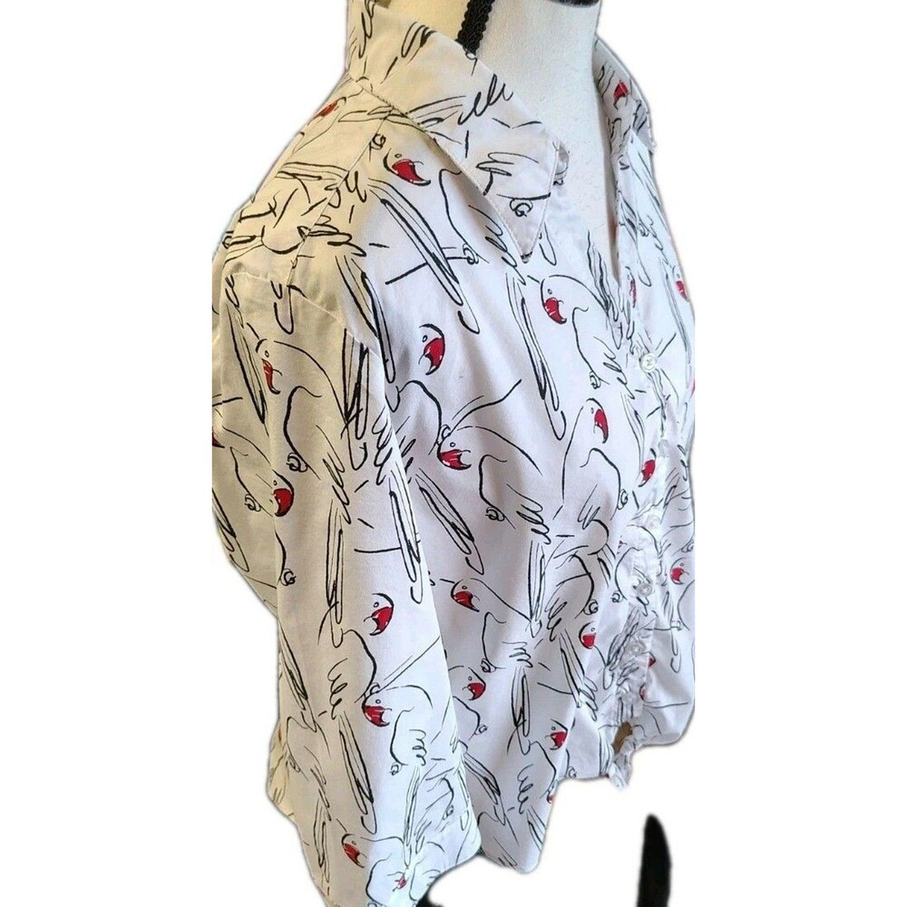 Chico's Blouse Size 1 US M Parrot Print 3/4 Sleeve Tie Button Cotton - Picture 4 of 7